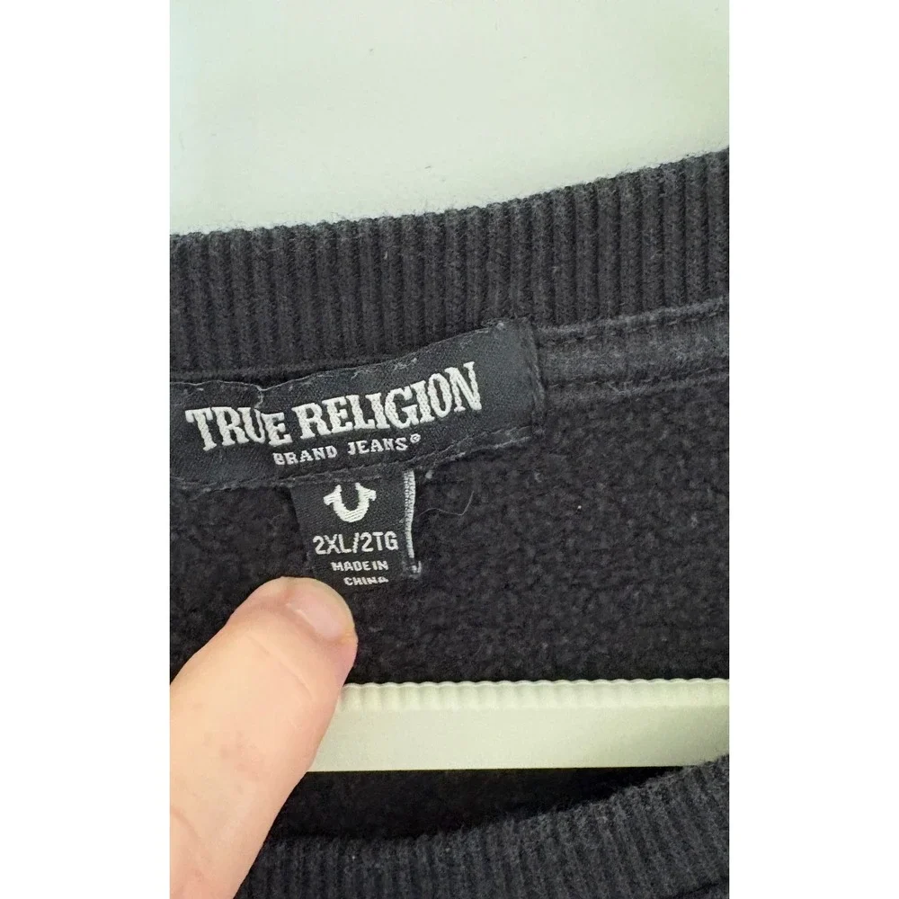 True Religion Mens 2XL Black Tonal TR Logo Crewneck Sweatshirt Fleece Pullover‎